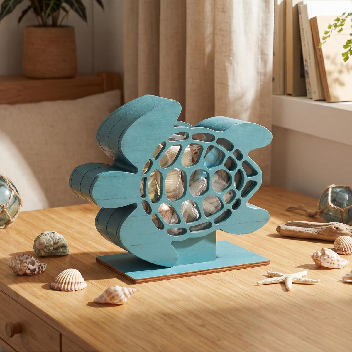 CroBlissful Green Sea Turtle Seashell Holder Seashell Display Box Wooden Small Starfish Shell Display Case with Acrylic Clear Window Shark Tooth Collection Box for Shells Sea Rock Home Decor Present