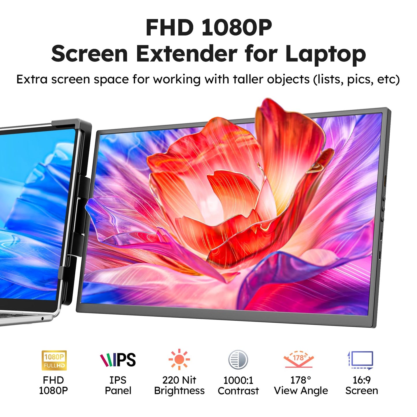 Laptop Screen Extender, 14" FHD 1200P IPS External Portable Monitor for Laptop, Plug & Play Dual Screen Monitor for 14"-17" Laptops, Compatible with Mac, Wins, Chrome, Android, Dex