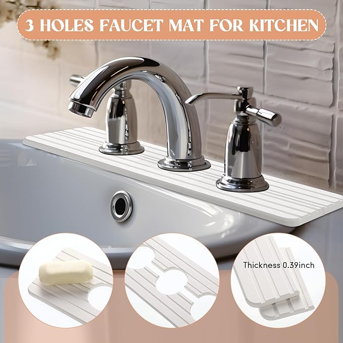 3 Hole White Faucet Mat for Kitchen Sink Bathroom 16.1" x 5" Kitchen Faucet