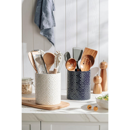 MIKIGEY Kitchen Utensil Holder, 6x7 inch Large Ceramic Utensil Holder with Embossed Pattern, Cooking Utensil Crocks for Kitchen Countertop, Home Decor, Off-White