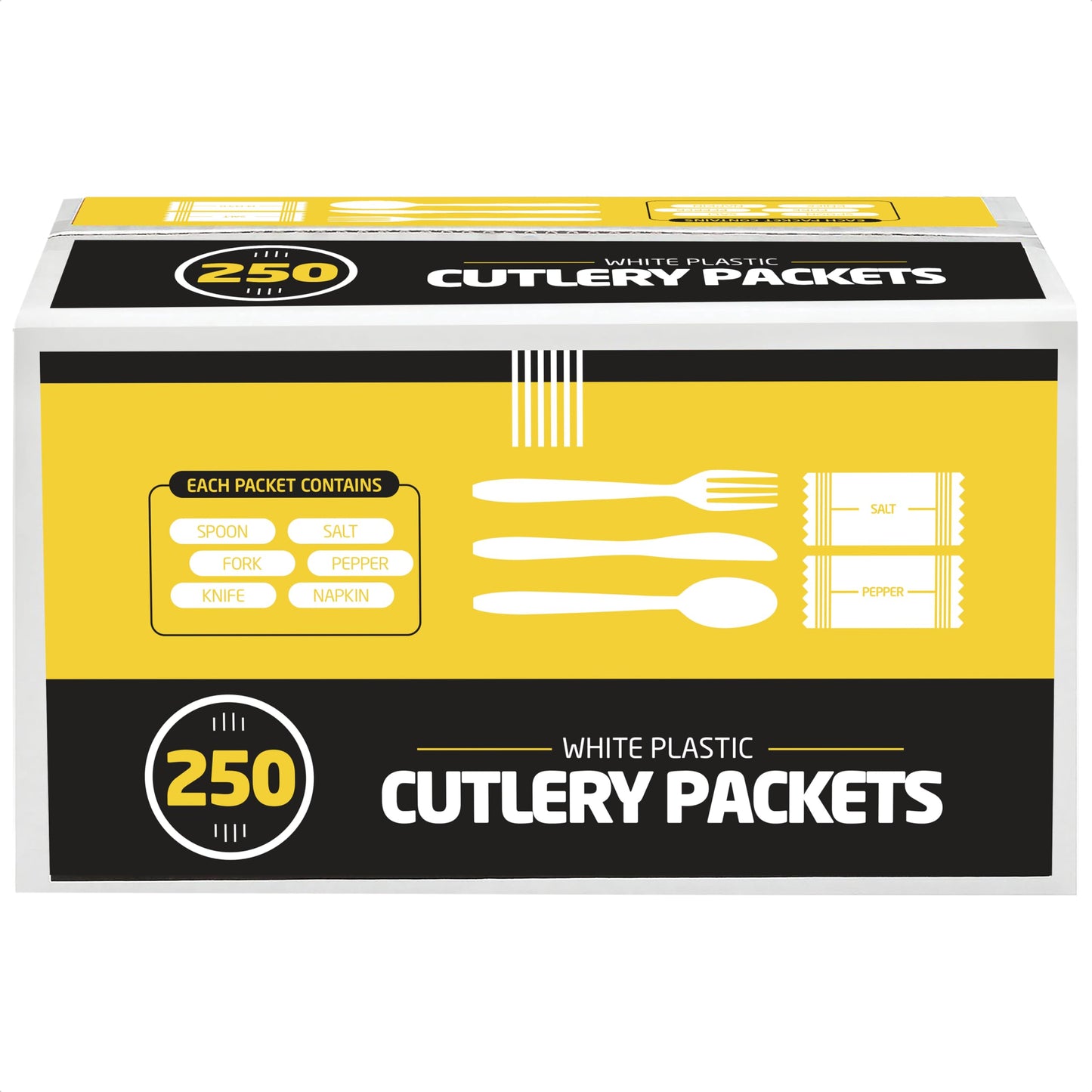250 White Plastic Cutlery Packets - Knife Fork Spoon Napkin Salt Pepper Sets, Individually Wrapped Disposable Silverware