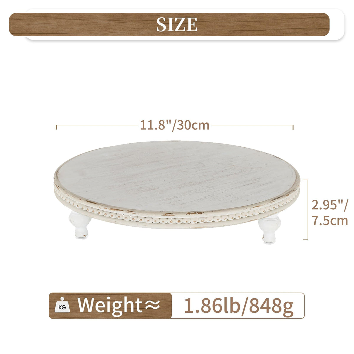 Hanobe Round Decorative Tray Stand: White Beaded Wood Pedestal Risers Farmhouse Circle Display Holder for Coffee Table Home Decor Kitchen Bathroom Counter