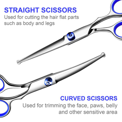 TINMARDA Professional Dog Grooming Scissors Kit, Titanium Coated 5 in 1 Stainless Steel Grooming Shears Kit with Straight, Curved and Thinning Scissors for Dogs, Cats and Pets at Home