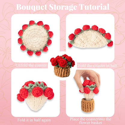 Handmade Crocheted Floral Coasters, Crocheted Bouquet Blankets Paired with Mini Crocheted Flower Pots—Perfect for Floral Decorations in Offices, Homes, and Cars (Sunflower)