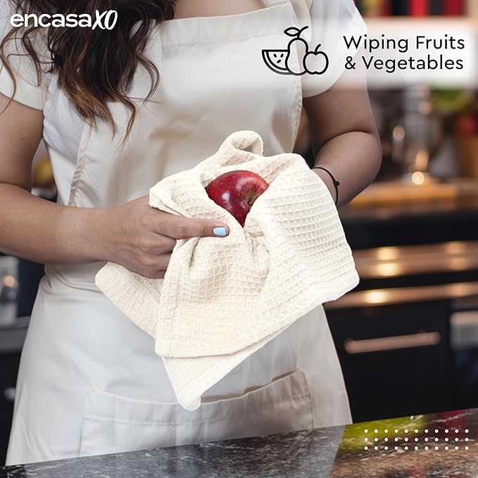 Encasa XO Kitchen Dish Towels Set | Solid Off White | Waffle Weave and Flat