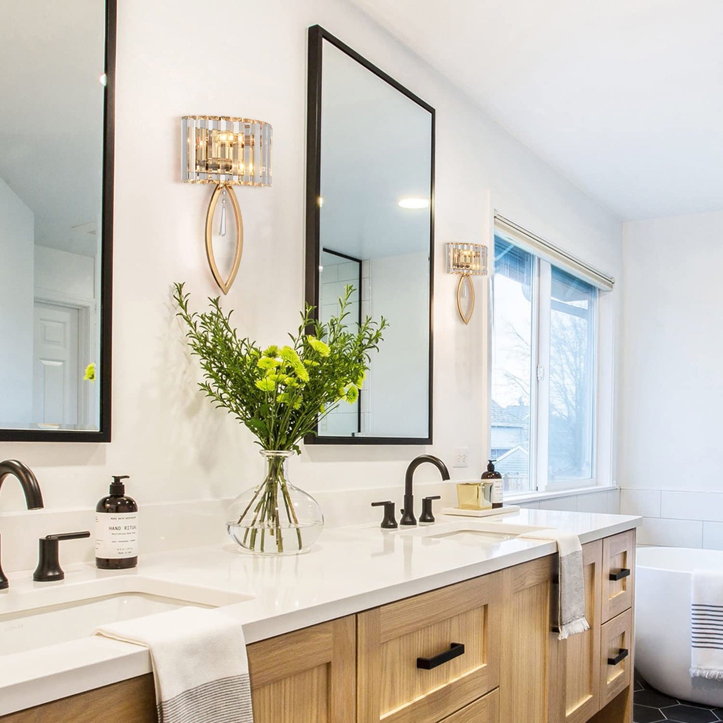 CLAXY Mid Century Wall Sconces, 2-Light Elegant Crystal Gold Wall Light for Bathroom Bedroom Hallway