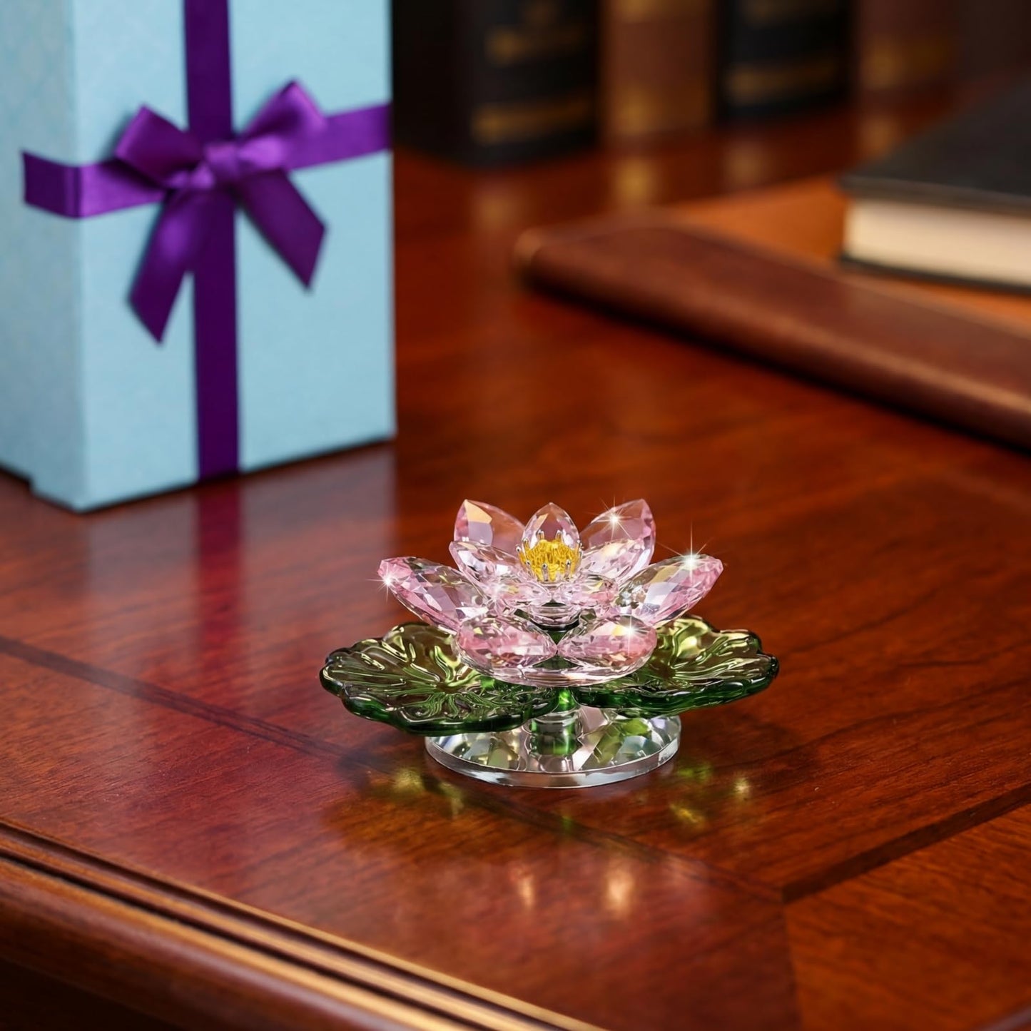 Jowgut Sparkle Crystal Lotus Flower, 4" Hue Reflection Clear Lotus Figurine with Gift Box, Glass Decorative Statue Paperweight Home Art Decor for Collection Table Centrepiece