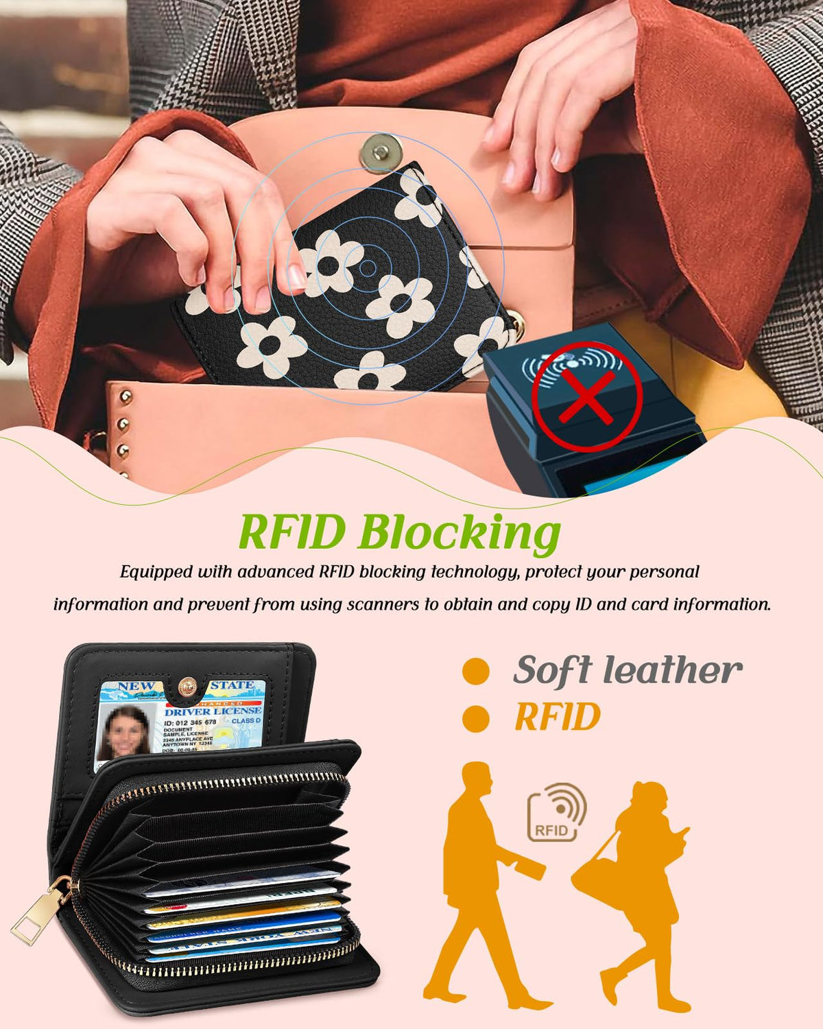 Bistup Credit Card Holder Wallet for Women - Cute Leather Ladies Teen Girls Female Cardholder Wallets Accordion Purse Small Medium Aesthetic Print Black Flower Unique Modern Rfid Zipper Around