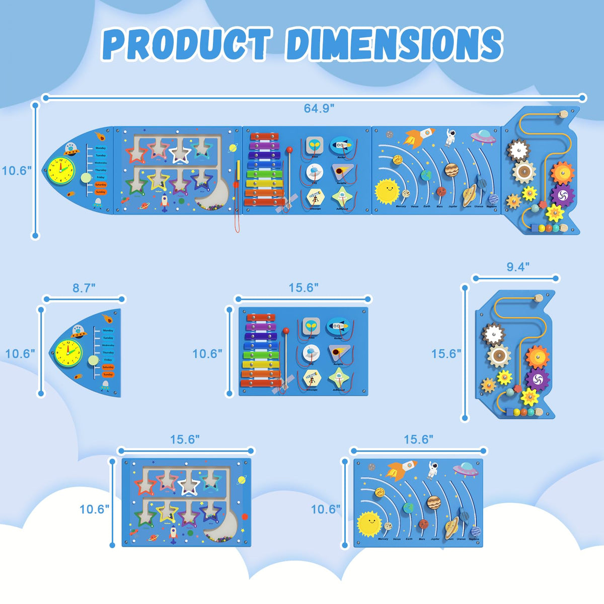 Spacocld Rocket Activity Wall Busy Board Panels - Sensory Wall Panel for Kids, Montessori Toddler Wall Activity Board, Wall Toys for Toddlers 3, Activity Cube, Wooden Multi-Activity Boards, Blue(5PCS)