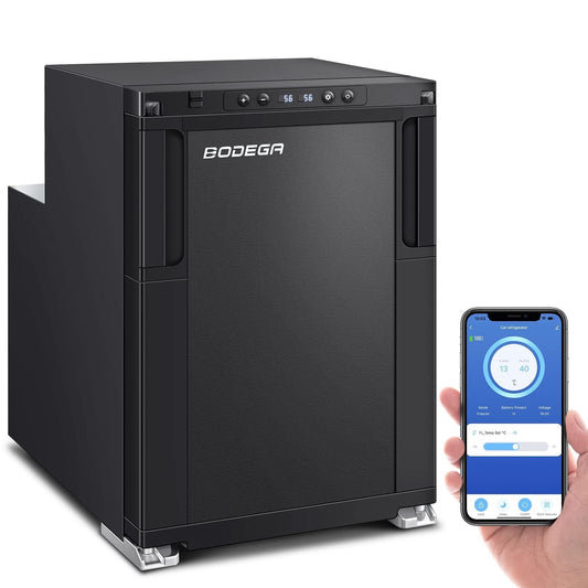 BODEGA [Upgraded 12 Volt Refrigerator, RV Refrigerator APP Control, 45L(1.6cu.ft) RV Fridge and Freezer, Electric Cooler with Lock, (-4℉-46℉) Fridge freezer 12/24V DC for Truck, RV, Camping, Travel