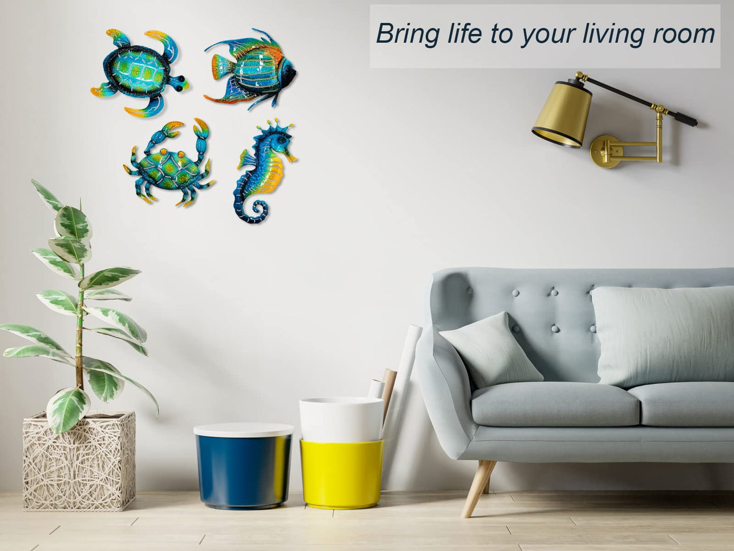 Meduofon Set of 4 Blue Metal Outdoor Wall Art Decor, Turtle, Fish, Crab, Seahorse, Coastal Style, Suitable for Indoor/Outdoor Use