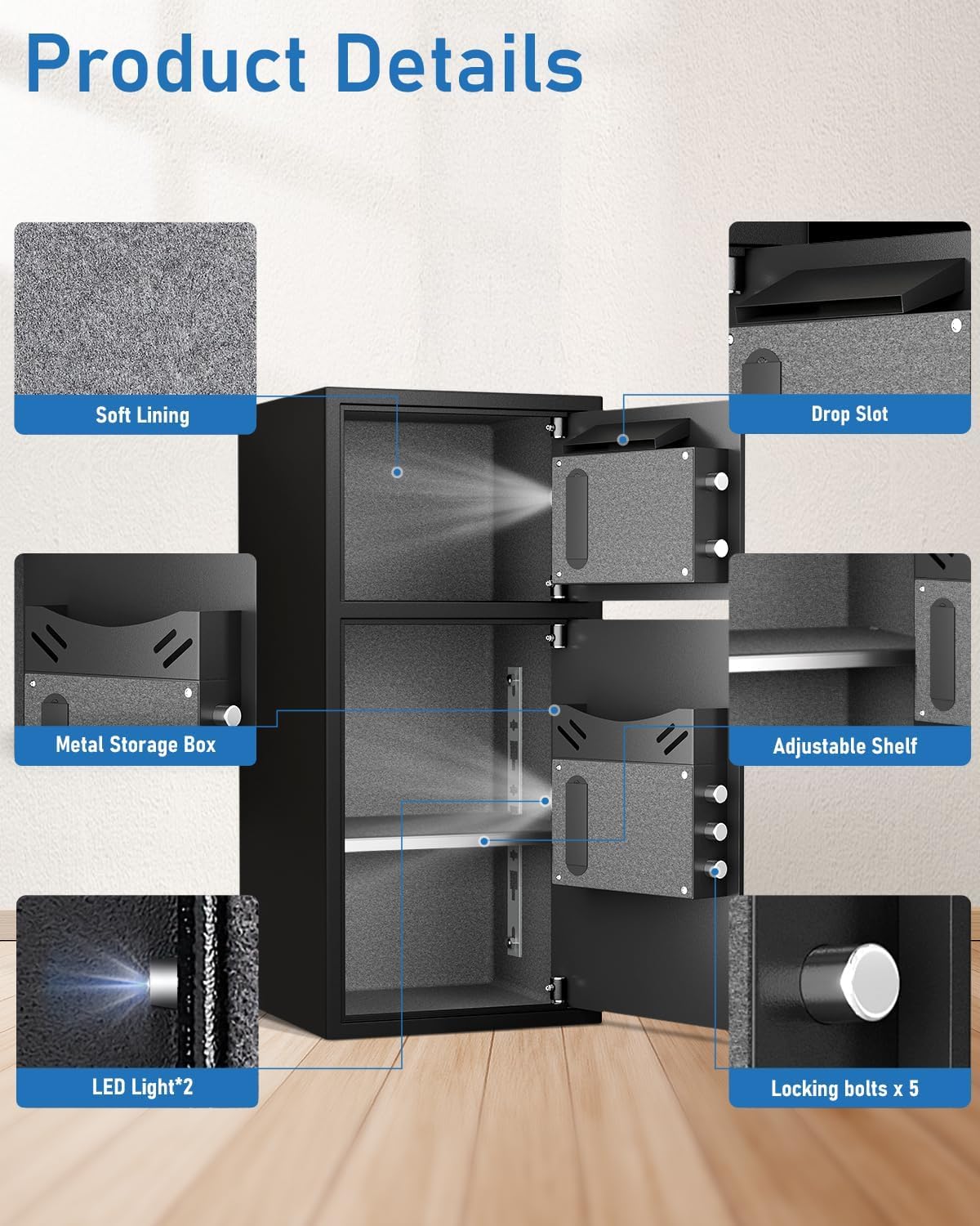 6.5 Cuft Extra Large Home Safe Box Fireproof Waterproof, Biometric Fingerprint Home Security Safe Box with Adjustable Shelf & Deposit Slot, Money Safes with Backlit Keypad & Dual Alarm for Home Office
