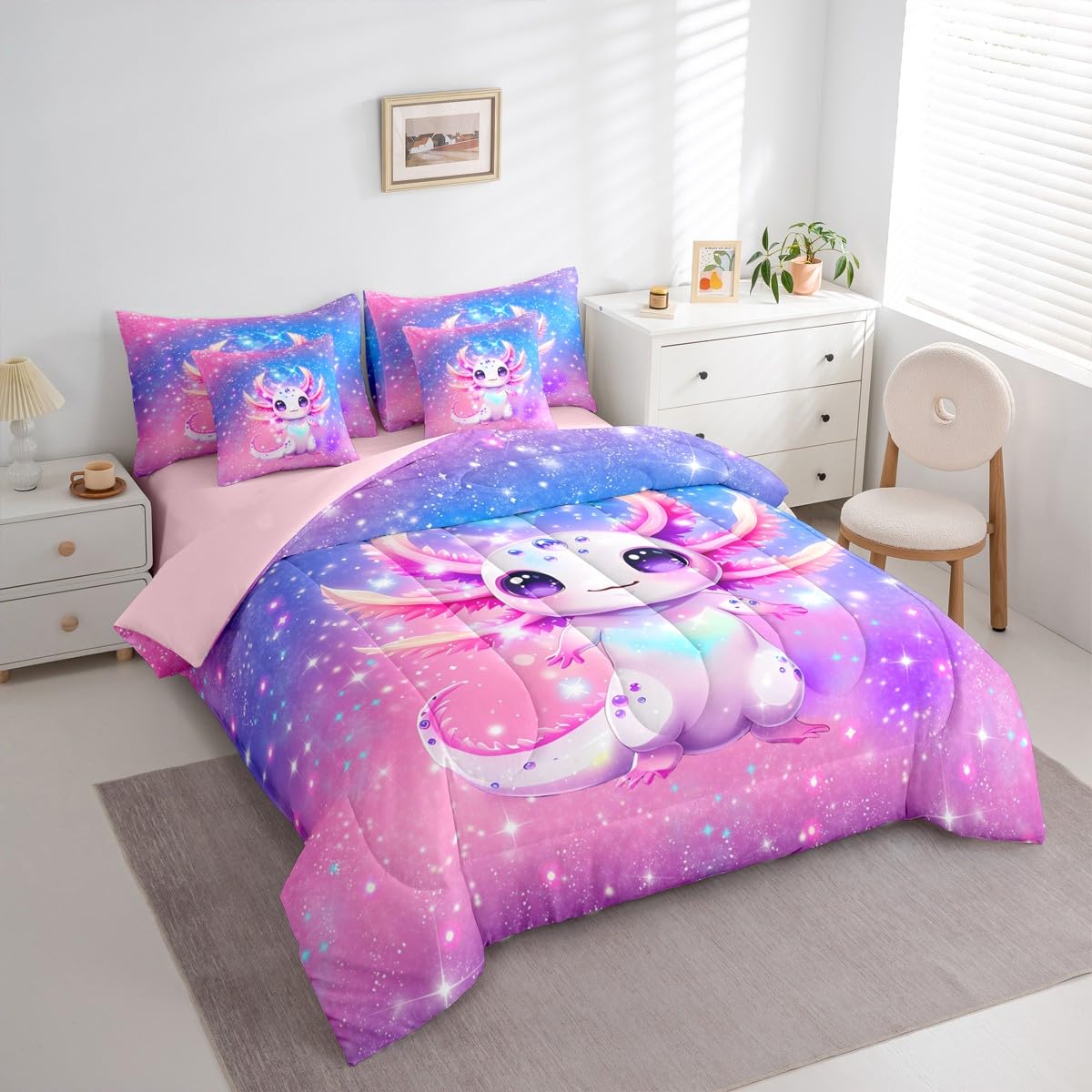 Erosebridal Kids Rainbow Axolotl Queen Comforter Set Teen Girl Cute Axolotl Bed in a Bag with Flat and Fitted Sheet Kawaii Coastal Ocean Animal 7-Piece Bedding Set Colorful Salamander Quilt Duvet Sets
