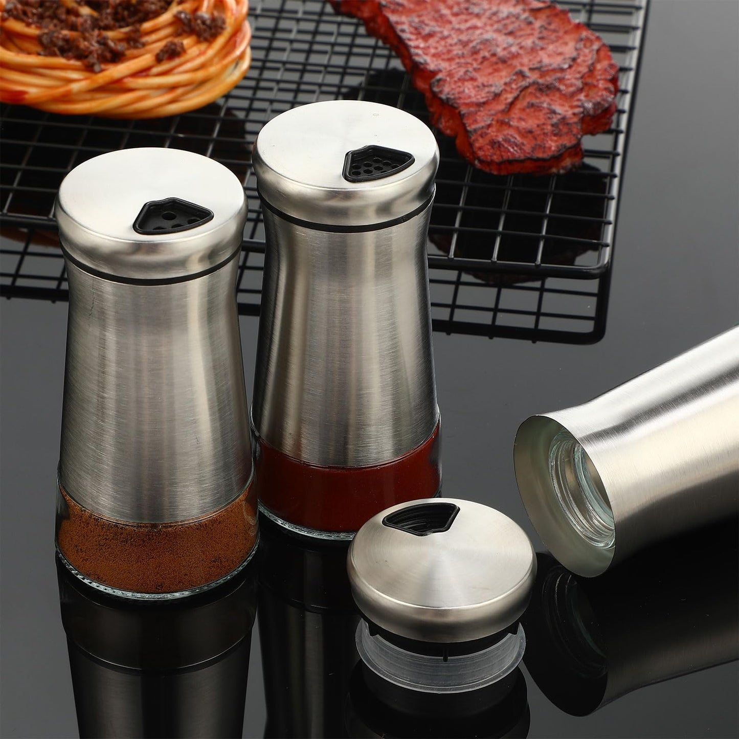 Honeydak 12 Sets Stainless Steel Salt and Pepper Shakers Adjustable Pour Holes Spice Dispenser for Salt, Sugar, Cinnamon, and Pepper, Stylish Kitchen Seasoning and Spice Shaker Set