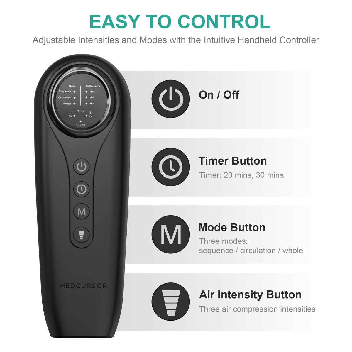 Medcursor Air Compression Leg Massager, Calf and Foot Massager for Circulation and Swelling Relief, Adjustable Massage Boots for Home Office Use - 3 Modes, 3 Intensities, 2 Timers, No Heat