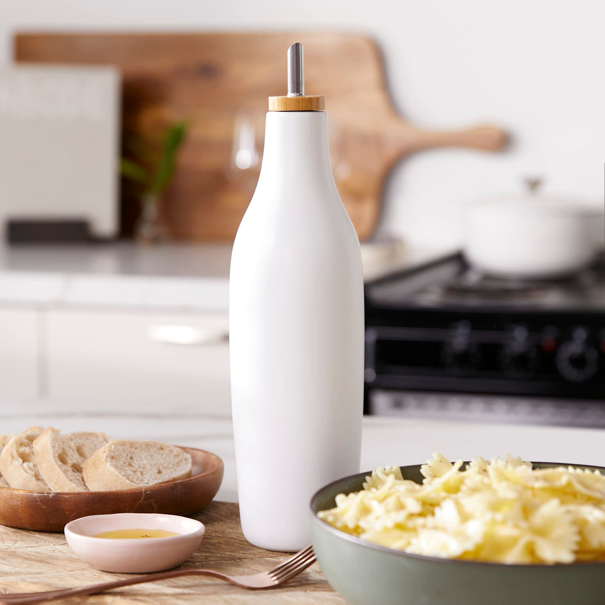 Grace Homewares Olive Oil Dispenser Bottle Stoneware Ceramic for EVOO or Vinegar | Modern Design | Large Capacity 16.9 ounce | Oil Container | White