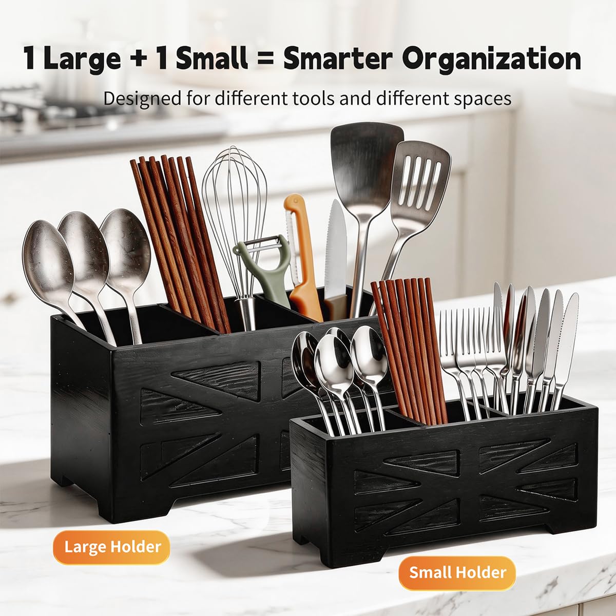 PEKER Wooden Utensil Holder, Black Kitchen Countertop Organizer with Removable Divider, 3 Compartments Pine Wood Utensil Crock with Drainage Hole & Non-Slip Base, 2 Pack