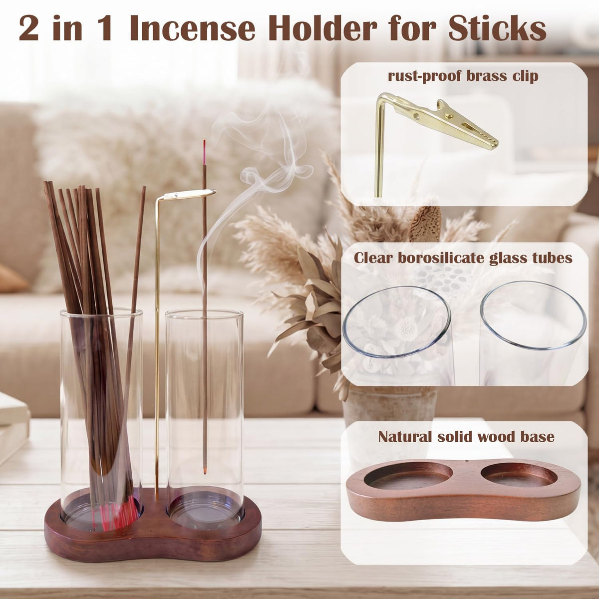 2 in 1 Mess-Free Hanging Incense Holder for Sticks, Anti-Ash Glass Incense Burner with Wooden Tray, Vertical Brass Stand Catcher, Aesthetic Zen Room Decor for Aromatherapy and Meditation