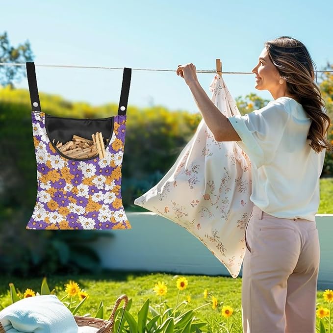 2 Pcs Clothes Pin Hanging Bag, Hippie Flower Multi-Functional Clothespin Bag