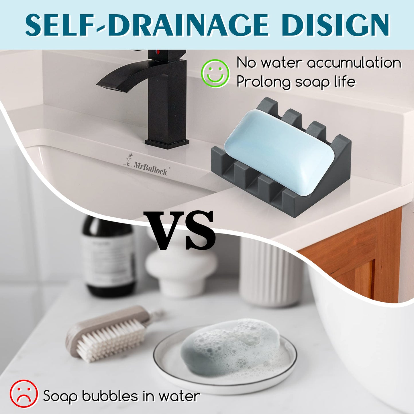 Self Draining Silicone Soap Dish for Shower & Kitchen - Non-Slip Waterfall Bar Soap Holder Tray, Soap Saver Keeps Soap Dry, Easy to Clean & Hygienic (, 1 Pack) (Grey, 2)