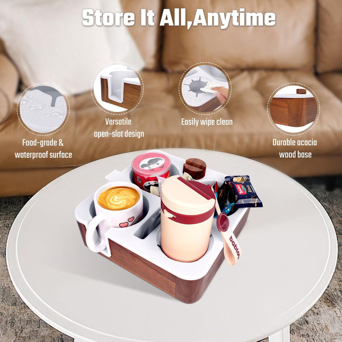 Couch Buddy Couch Cup Holder Tray, Real Acacia Wooden Caddy with Soft Silicone, Snack and Drink Organizer- Perfect Movie Night Accessories for Bed, Remote and Cup Holders for Sofa (White)