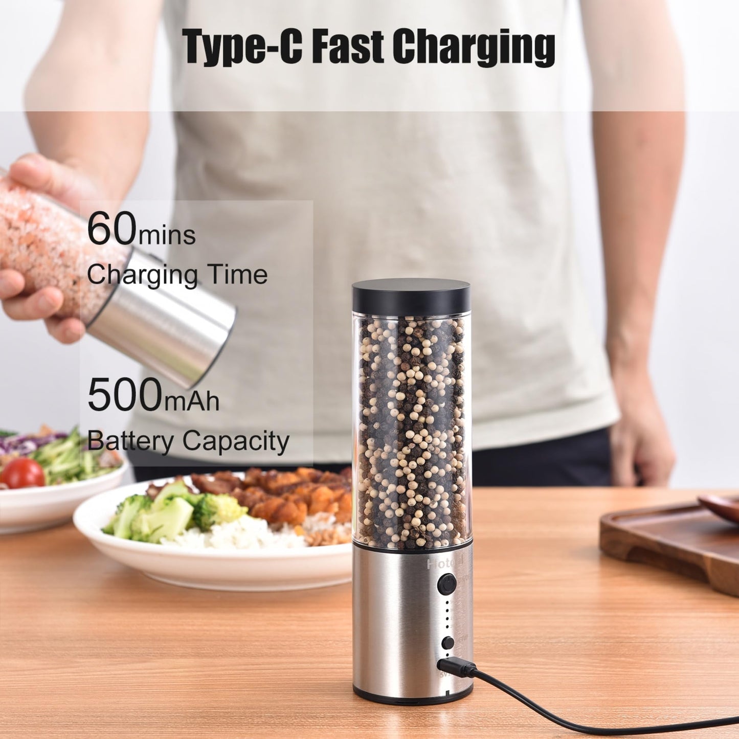 Larger Capacity Electric Salt and Pepper Grinder Set, Rechargeable Salt and Pepper Shakers Set, Kitchen Gadgets Salt and Pepper Mill,Perfect Dad Gifts