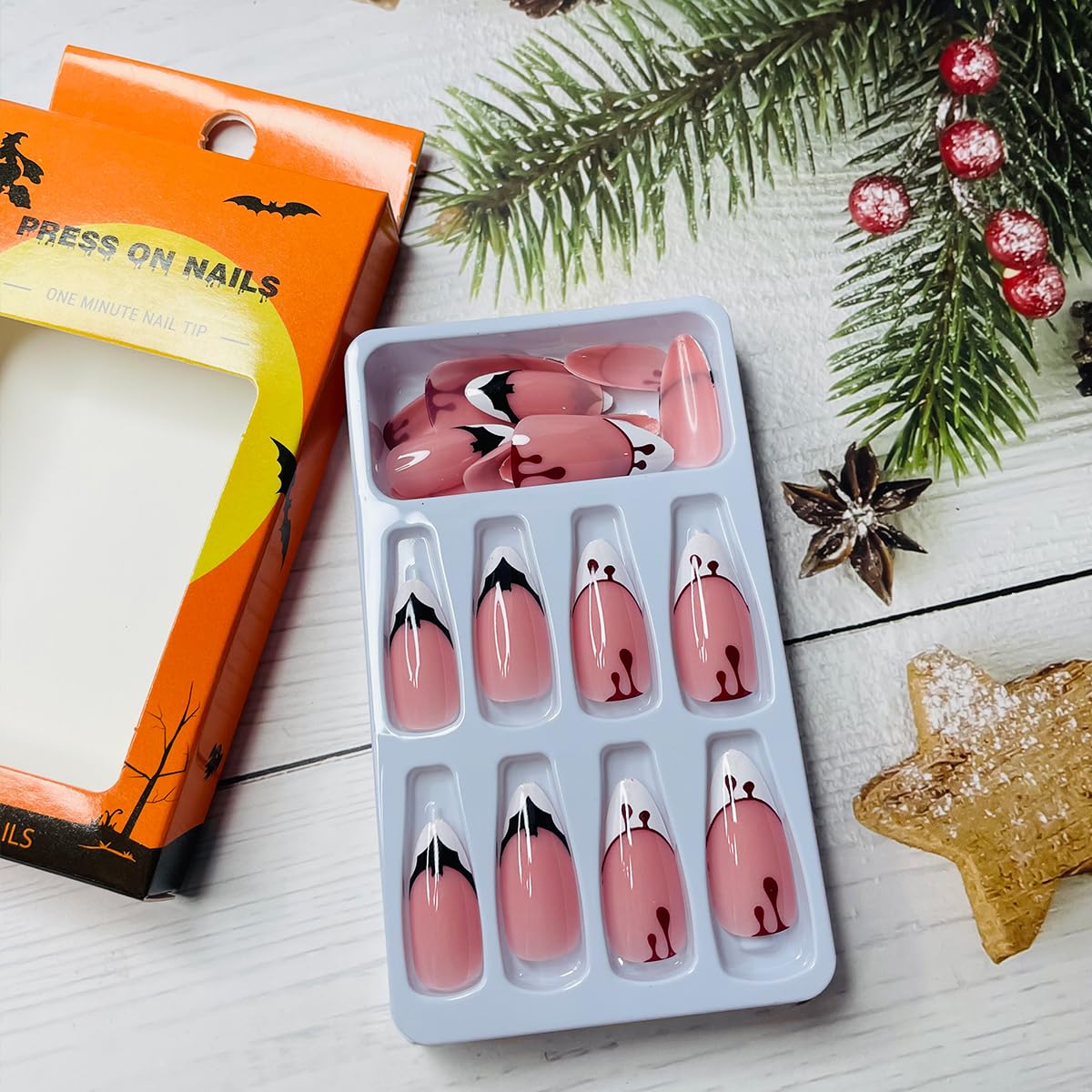 Halloween Bat Press on Nails Almond Shaped Halloween Fake Nails White French Tip Glue on Nails with Blood Design Horror Acrylic False Nails Full Cover Stick on Nail for Women DIY Halloween Nails 24Pcs