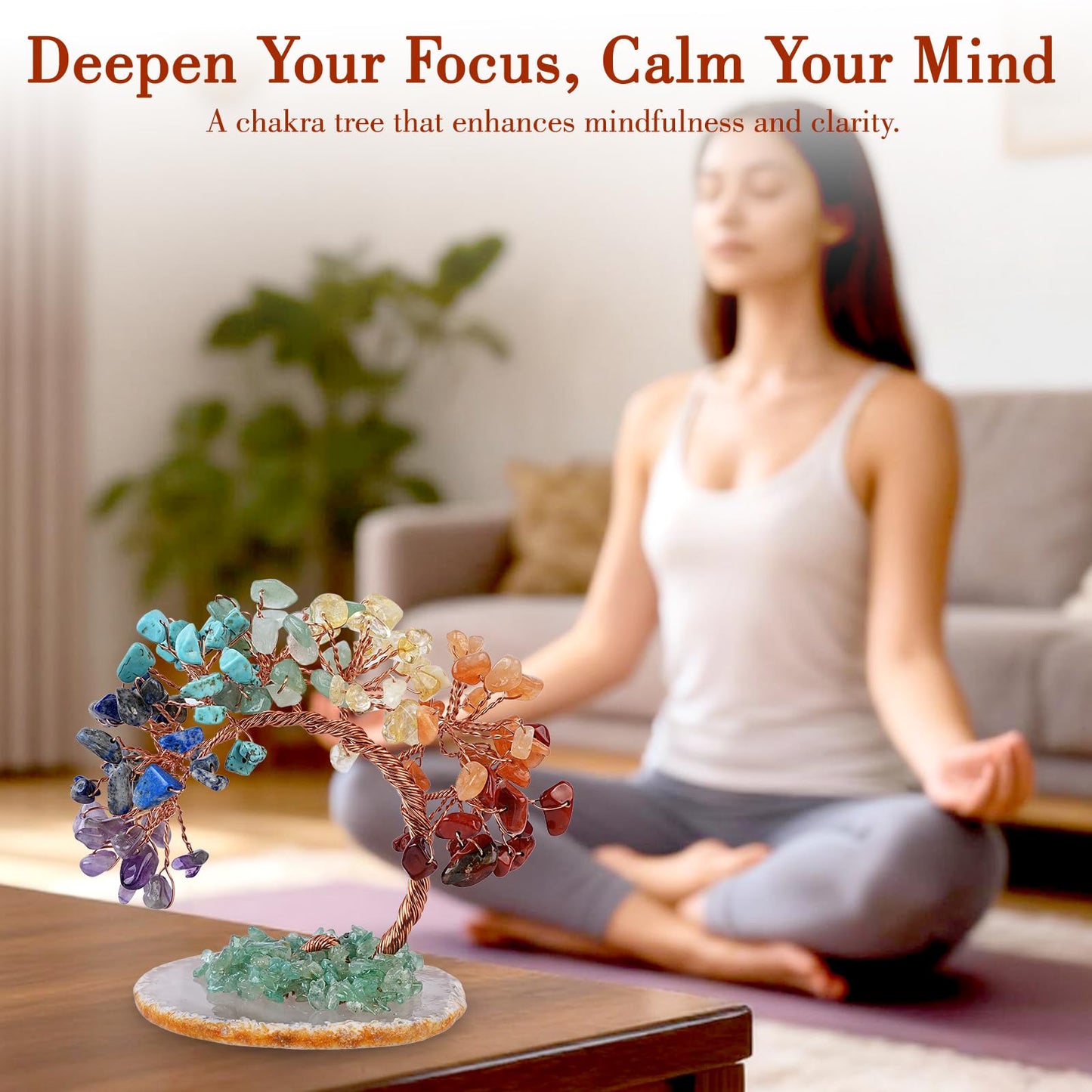 7 Chakra Crystal Money Tree with Agate Base, Fengshui Wealth Bonsai Figurine, Natural Crystal Chip Copper Wire Tree Ornament for Home Office Wedding Decoration (3-4 Inch)
