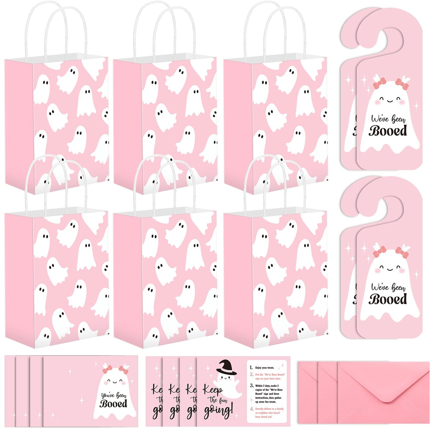Resholder 24 Set Halloween You've Been Booed Ghost Paper Gift Treat Bag Kit with 24 Boo Gift Bags 24 Cardstock 24 We've Been Booed Doorknob Hangers 24 Envelopes for Neighbors Friends(Pink Ghost)