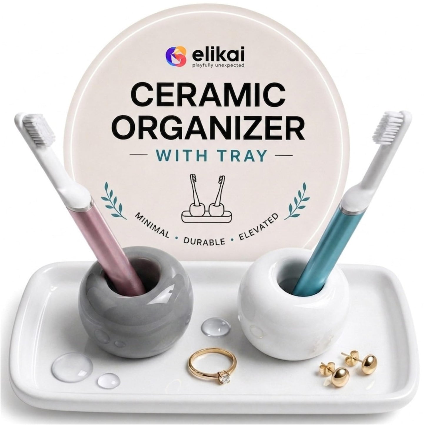 ELIKAI Ceramic Toothbrush Holders with Bathroom Tray, Countertop Organizer for Toothbrushes and Accessories, Hygienic Individual Holder Set (Grey & White, 2 Holders)