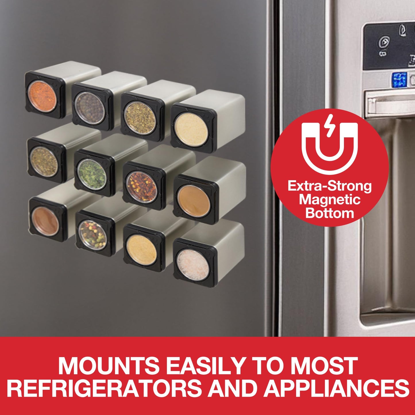 Set of 6 Magnetic Spice Jars, Shake or Pour Containers Attach to Most Refrigerator Doors & Appliances, Seasoning Dispensers- Easy Open Window Top Shakers- Salt Pepper Organizers, Space Saving Baking