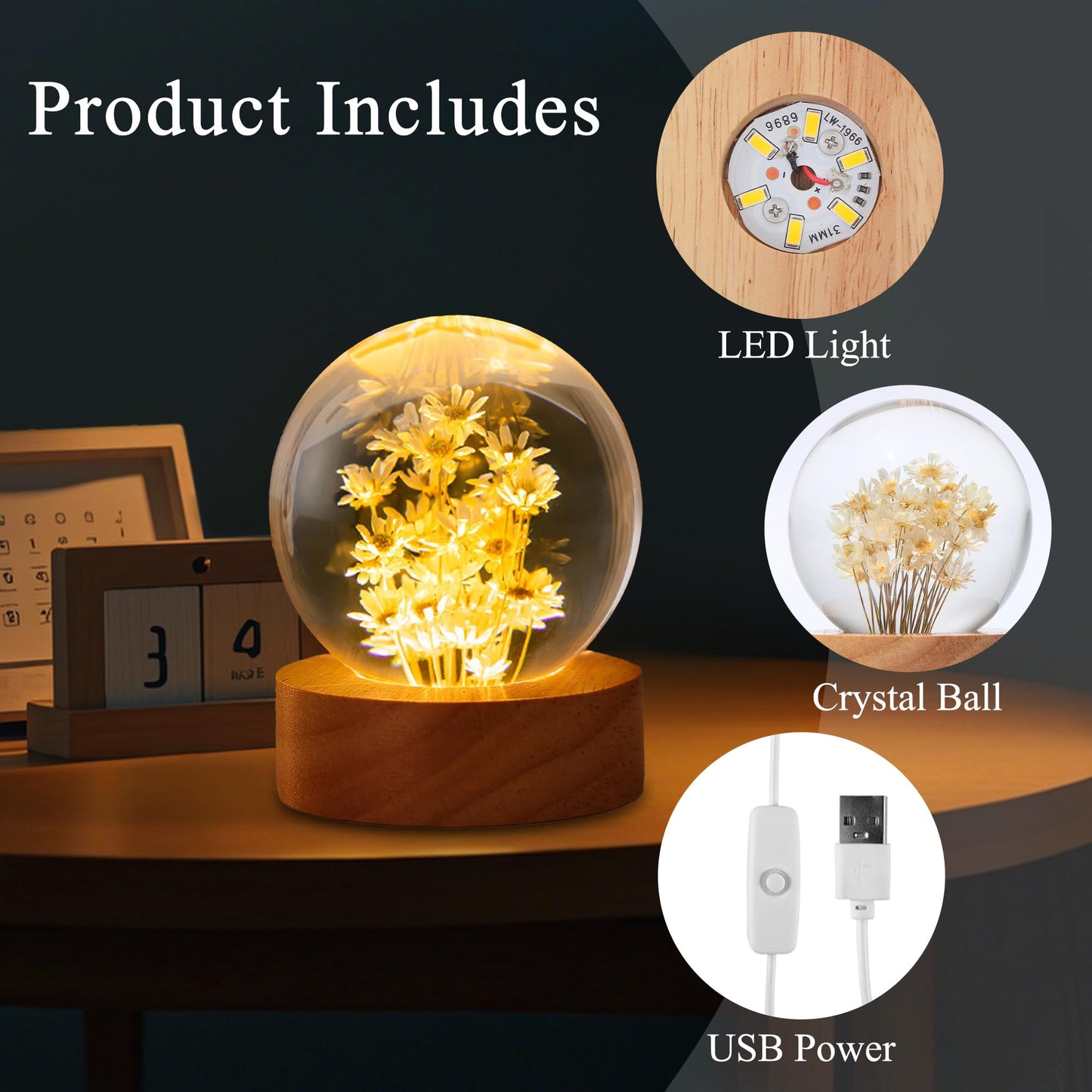 Daisy Decor Gifts,Daisy Flower Lamp Crystal Ball Night Light,2.4 Inch Glass Ball Lamp with LED Wooden Base,Soft Warm White Lighting for Women Best Friends Sister Birthday Xmas Aesthetic Gift(Yellow)