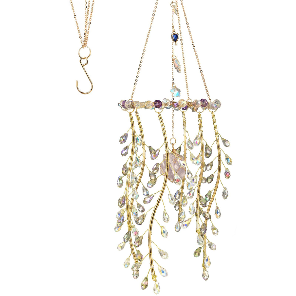 Crystal Hanging Suncatcher with Natural Stone, 16.9 Inch Decorative Wind Chime, Gold Chain & Branch Design (Purple)