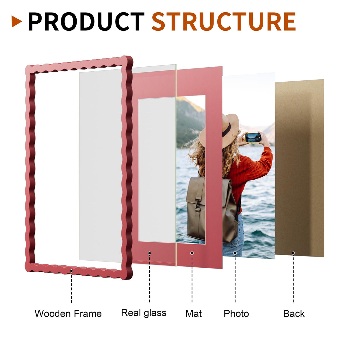 Chrspk 11x14 Wavy Picture Frame With Mat For 8x10, Wavy Edge Wooden Picture Frame with Real Glass - Wall Mount Display, Red, 2 Pack
