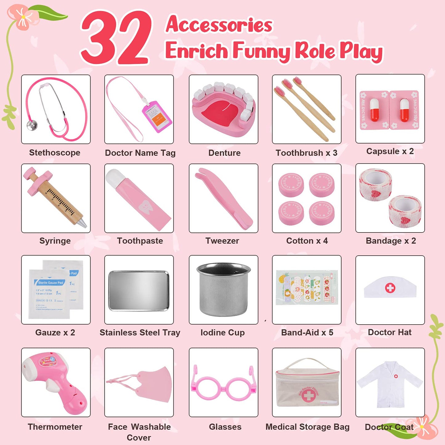 Sundaymot Doctors Set for Kids, 32 pcs Toy Doctors Kit with Stethoscope, Toddler Medical Play Set Role Play Dress Up Costume, Medical Carry Case for Boys Girls 3+ Years