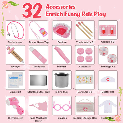 Sundaymot Doctors Set for Kids, 32 pcs Toy Doctors Kit with Stethoscope, Toddler Medical Play Set Role Play Dress Up Costume, Medical Carry Case for Boys Girls 3+ Years