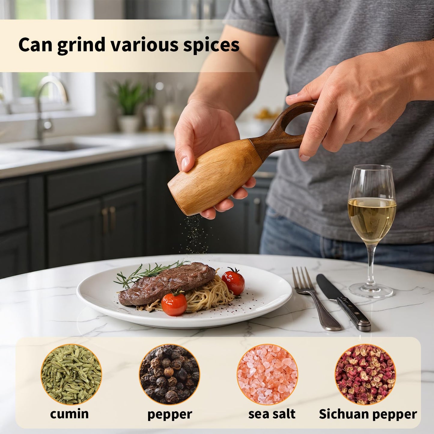 BestYiJo 2 Pack Acacia Wood manual Salt and Pepper Grinder Set, Adjustable Coarseness, Refillable Design, Perfect for Home Kitchen, Dining Table, Ideal Gift for Gourmet Lovers