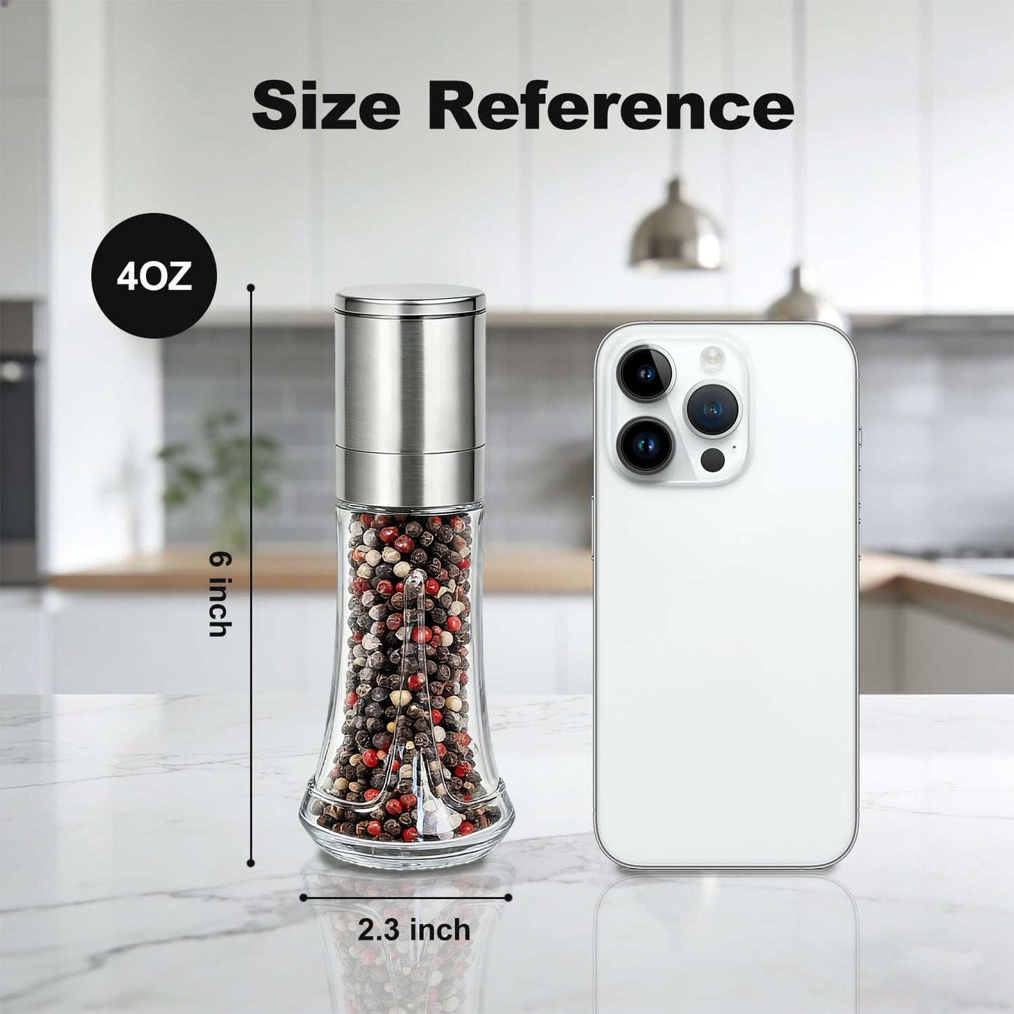 Aelga Salt and Pepper Grinder Set - 4oz Glass Manual Pepper Mill with 5-Level Adjustable Coarseness, Refillable Salt Grinder for Kitchen, Modern Kitchen Gift Set with Silicone Funnel