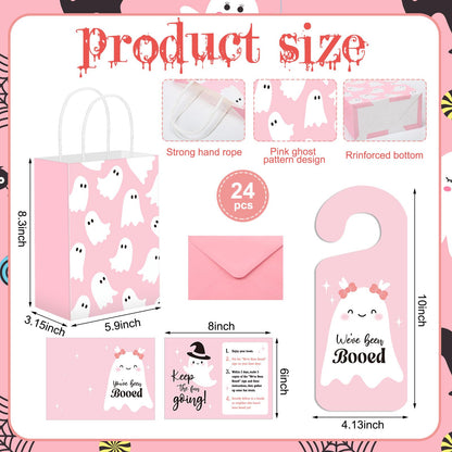 Resholder 24 Set Halloween You've Been Booed Ghost Paper Gift Treat Bag Kit with 24 Boo Gift Bags 24 Cardstock 24 We've Been Booed Doorknob Hangers 24 Envelopes for Neighbors Friends(Pink Ghost)