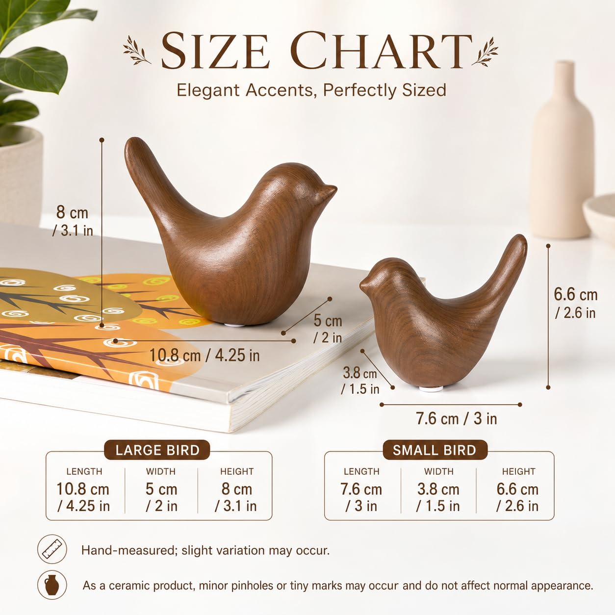 WhimWove 2 Pcs Ceramic Bird Figurines with Dark Wood Grain Look, Small Bird Statues for Home Decor, Modern Animal Sculptures, Shelf Decor, Bookshelf Decor, Tabletop Decorations for Living Room Office