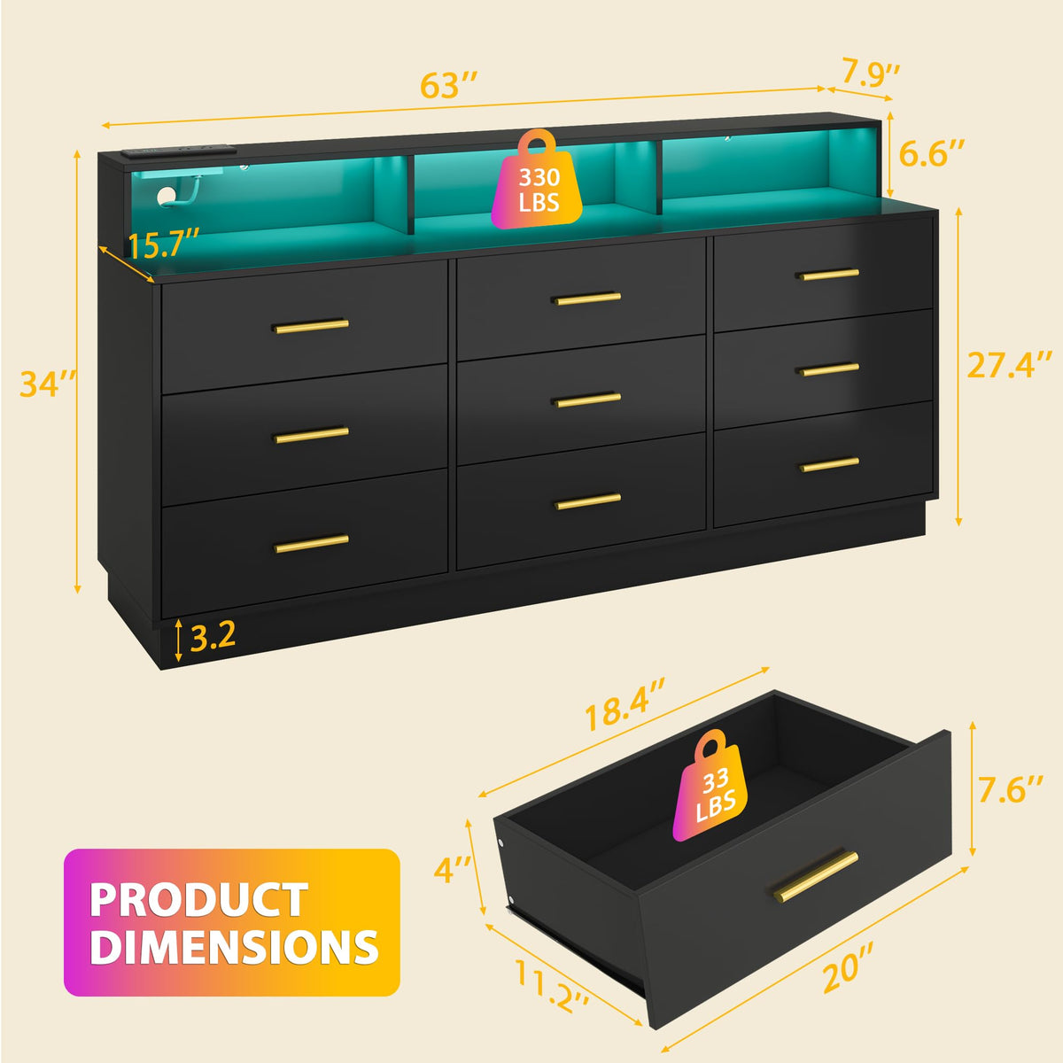 knoworld Black 9 Drawer Dressers for Bedroom, Modern Large Dresser with LED Light and Power Outlet, Wooden Long Dressers, Triple Dresser for Bedroom, Entryway, Hallway