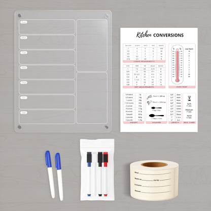 Meal Prep Bundle. Includes 1 Magnetic Acrylic Meal Planner Board, 1 Kitchen Conversion Chart Magnet, and 100 Freezer Labels for Food Storage & Organization