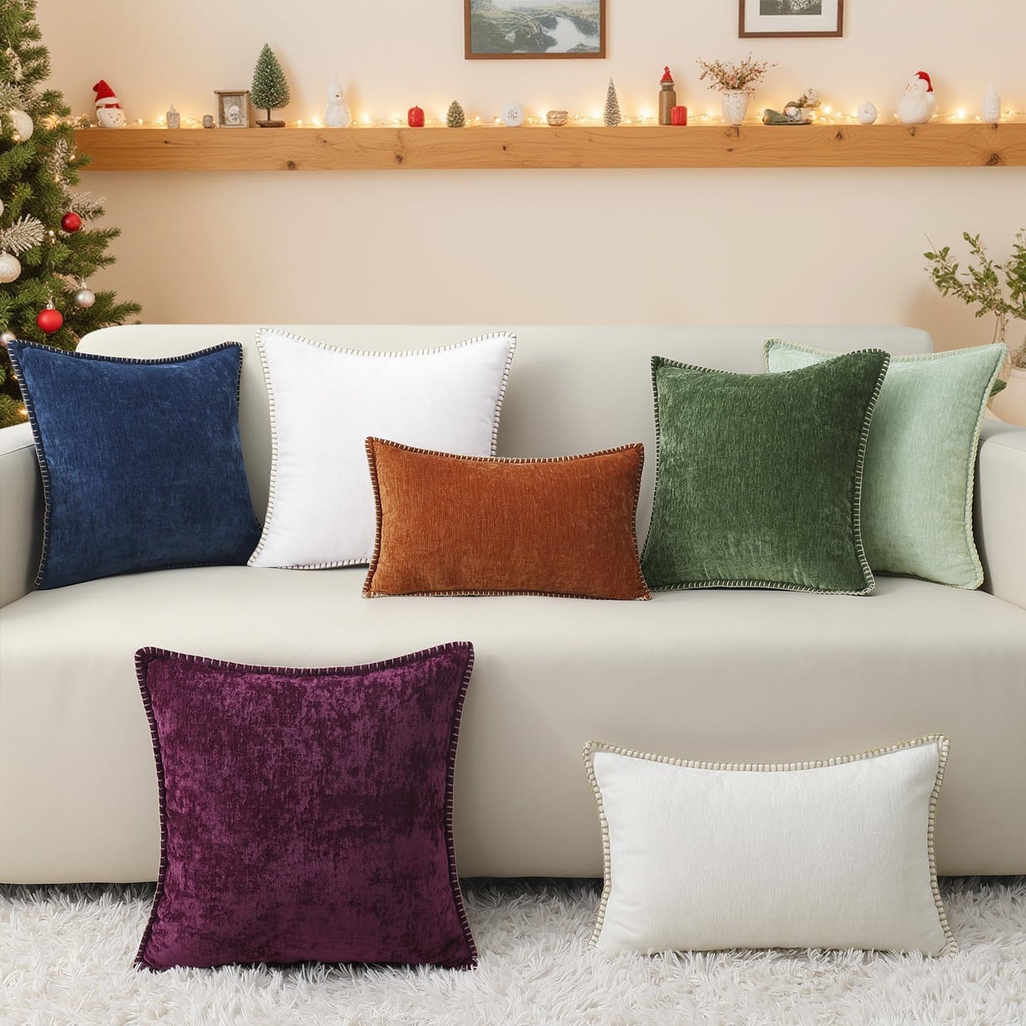 decorUhome Christmas Chenille Soft Throw Pillow Covers 18x18 Set of 2, Farmhouse Velvet Neutral Decorative Euro Fall Pillow Covers with Stitched Edge for Couch Sofa Bed Home Decor, Forest Elf
