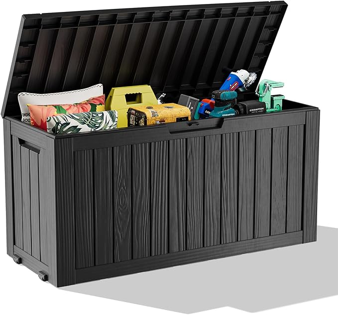 85 Gallon Outdoor Deck Box, Lockable Waterproof Outdoor Storage Boxes For Garden Tools,Indoor Cushions,Accessories Outside Storage Resin Weatherproof Container(Black)