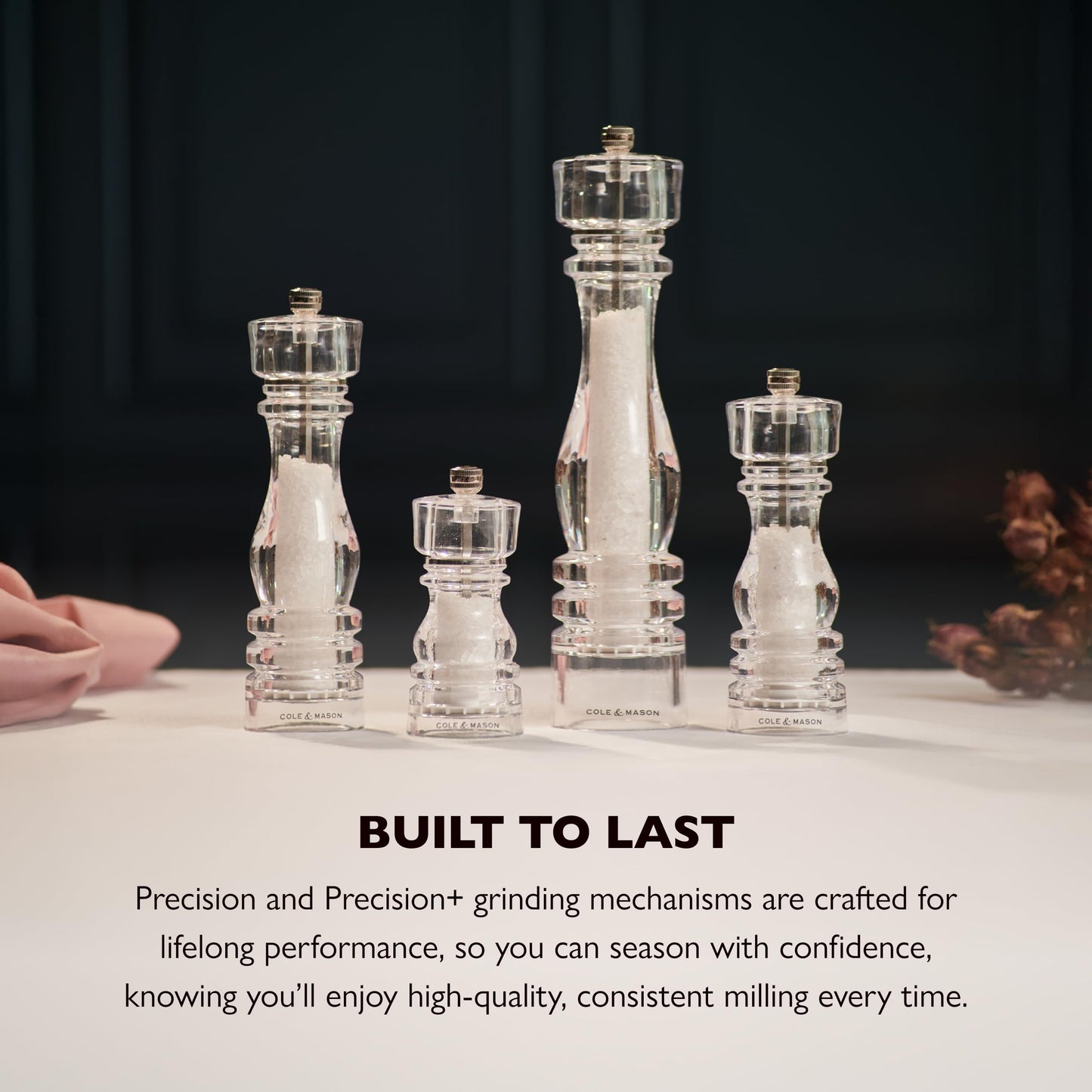 Cole & Mason London Refillable Spice Mill - Kitchen & Home Accessory - Salt & Pepper Grinder Set - Salt Mill with Ceramic Mechanism - Pepper Mill with Carbon Steel Mechanism - 7", Acrylic