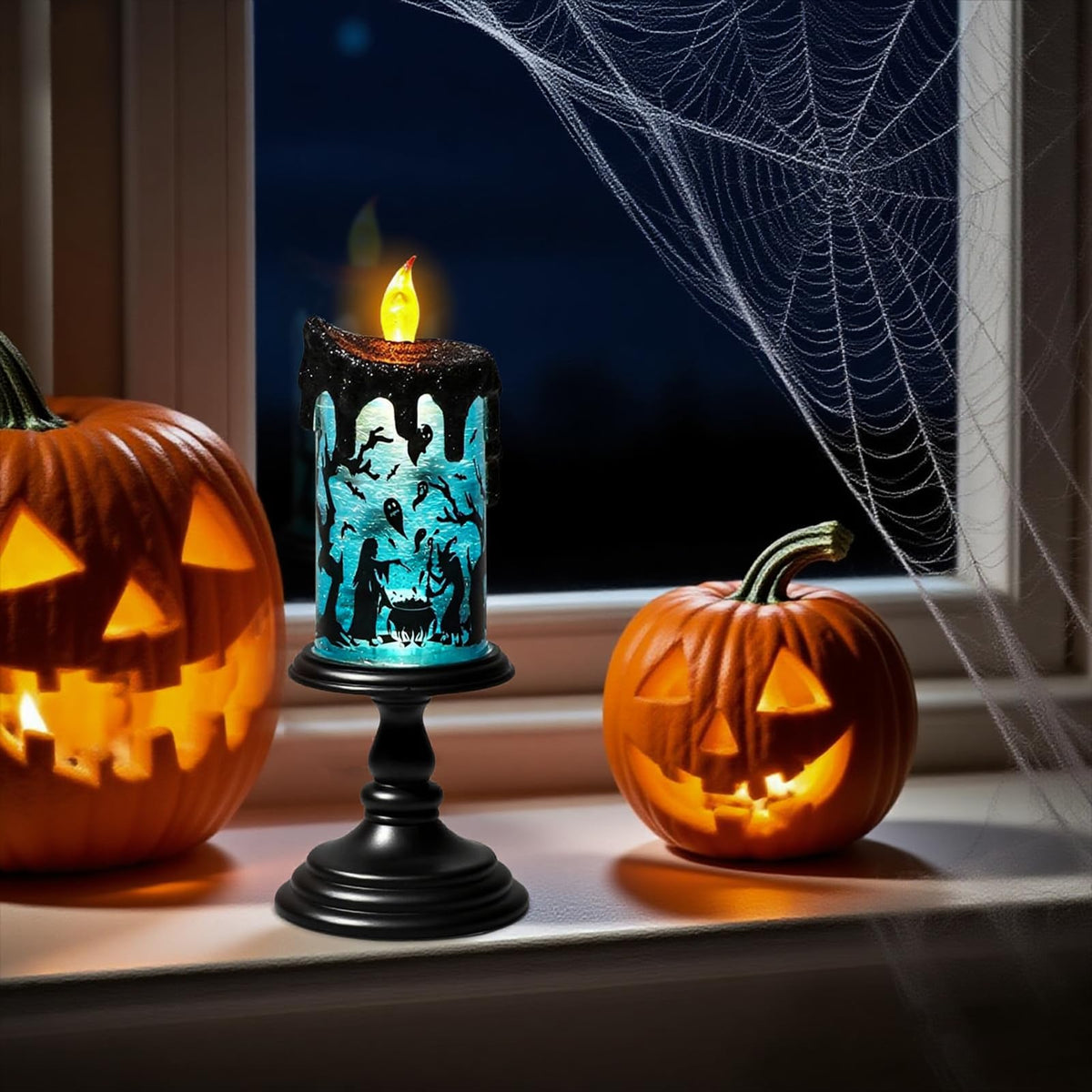 Eldnacele Halloween Snow Globe Flameless Candle with Timer, Battery Operated Spooky Spinning Water Glittering Tornado Lamp LED Candlestick Table Fireplace Witch Decal Halloween Holiday Decoration