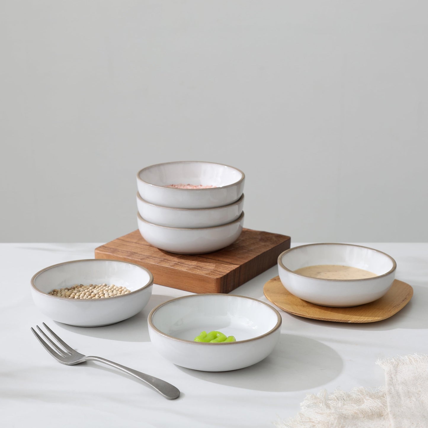 famiware Nature Ceramic Soy Sauce Dish, Dipping Bowls Set of 6, 3 oz Dipping Sauce Bowls/Dishes/Cups/Plates, Small Serving Bowls for Side Dishes, Condiments, Sushi, Appetizer, Dessert, Snowy White