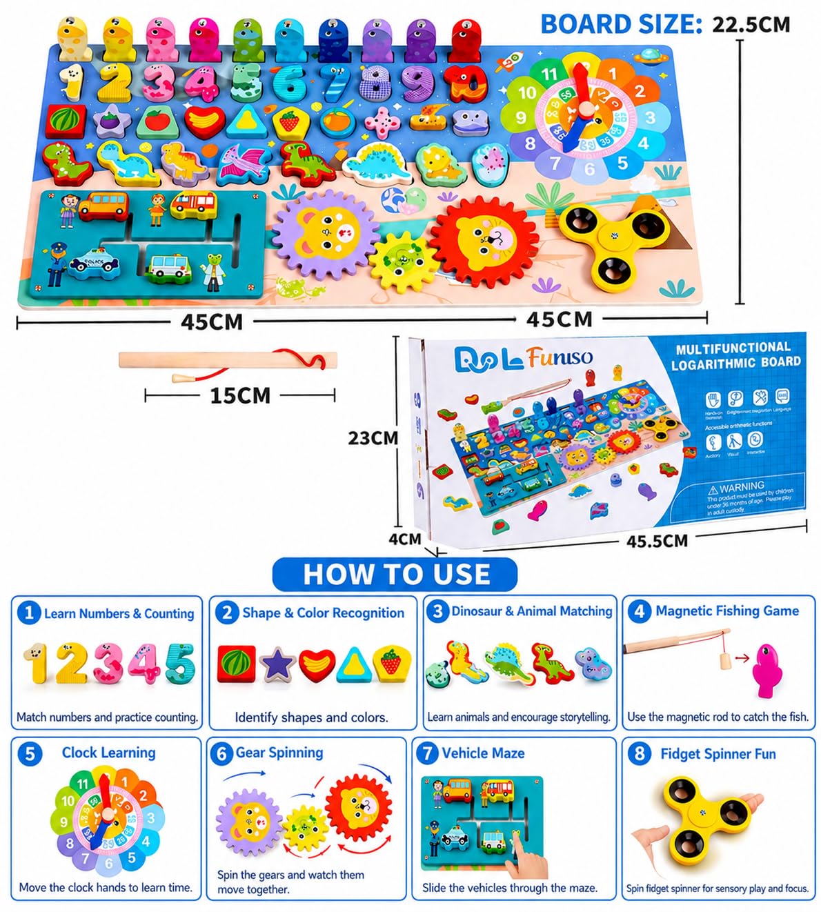 Funiso Montessori Wooden Busy Board Toys for 3+ Boys & Girls, Educational Learning Toy, Number Puzzle Board with Counting, Shapes & Magnetic Fishing Game, Preschool Toy Gift for Toddlers Kids.