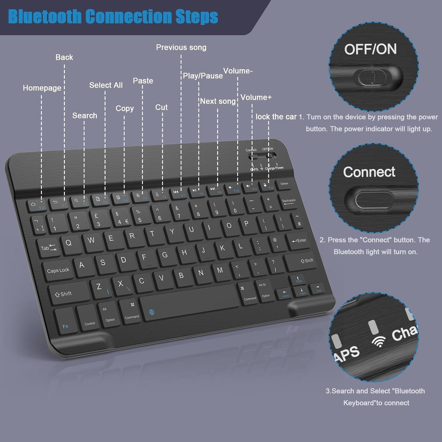 NOOX Bluetooth Keyboard for iPad 10th Generation, iPad Pro 13/12/11/10/9/8/7 inch, iPad Air 13/11th Gen, iPad mini, Tablets, etc. - Slim Wireless Portable Travel Office Computer Accessories