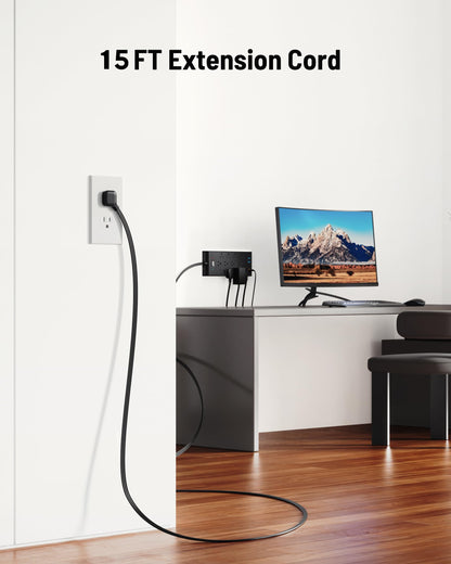 Surge Protector Power Strip 4800J, LeZone 10Ft Long Extension Cord Flat Plug, 12 Outlets 2 USB C 2 USB Ports, Wall Mountable, 20W Desk Charging Station, Black